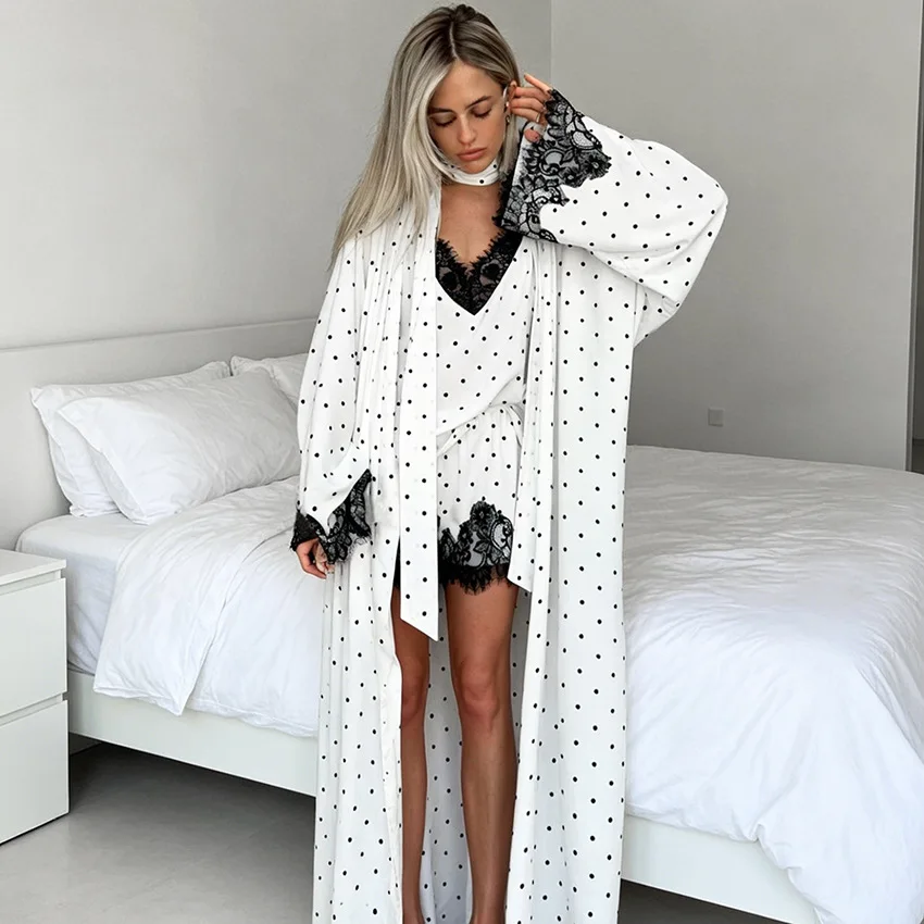 Women 3 Piece Loungewear Set 2026 Autumn Polka Dot Long Sleeve Lace Robe Sling Shorts Sleepwear Ladies Home Pajamas
