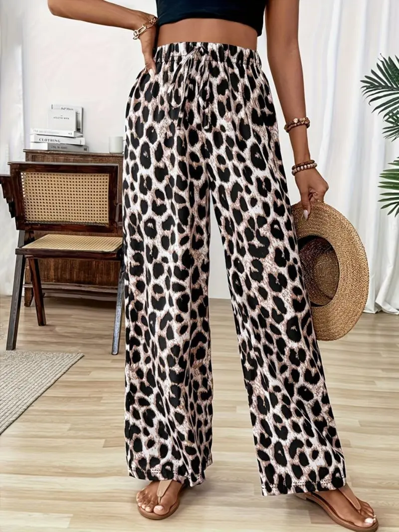 Retro Classic Leopard Print High-Waisted Wide-Leg Pants Loose Casual Floor-Length Trousers