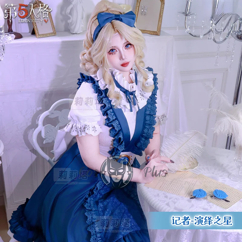

Game Identity V Alice DeRoss Cosplay Costume Blue Headwear Glasses Lolita Dress Halloween Christmas Party Role Play Uniform