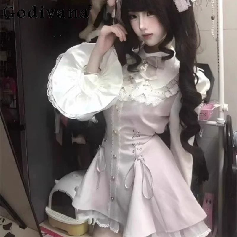 

Ladies Sweet Lolita Style Dress and High Waist Shorts Set Girl College Style Lace Pink Dress Women's Autumn Japanese Dress