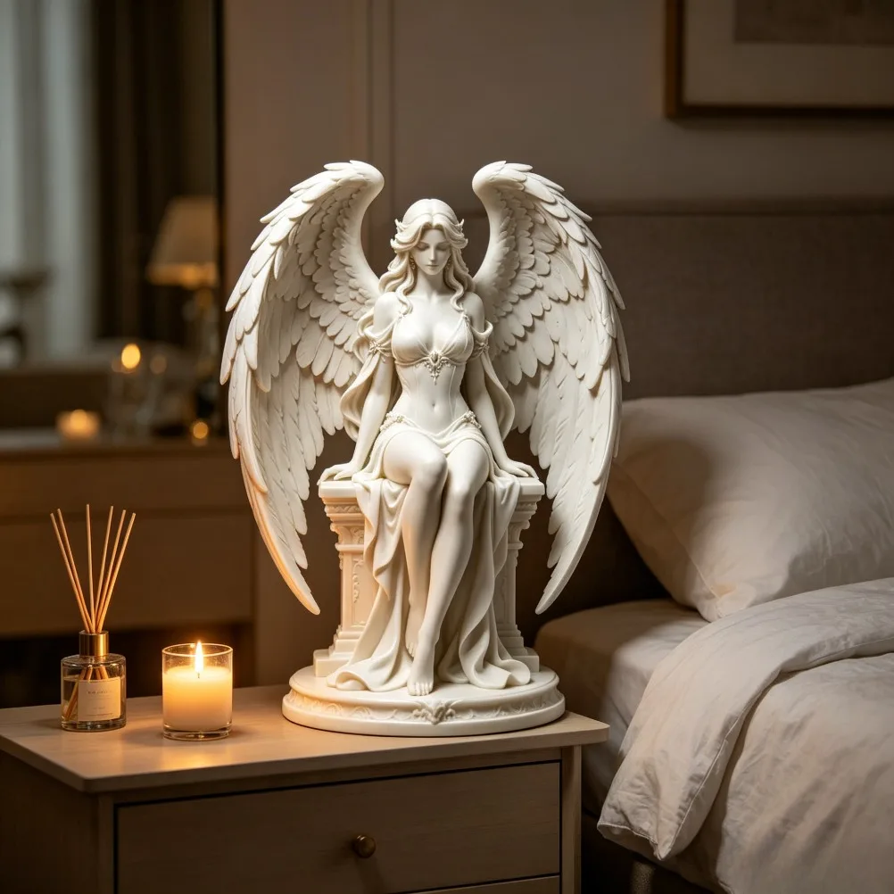 Seated Winged Angel Statue Classical Goddess Figurine Feather Wings Desktop Ornament Religious Home Decor Housewarming Gift