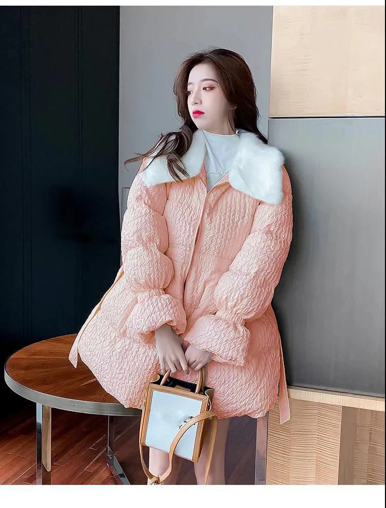 Korean Sweet Mid-Length Padded Coat for Women Winter Doll Collar Waist-Cinching Puffer Parkas Woman A Line Fluffy Quilted Jacket