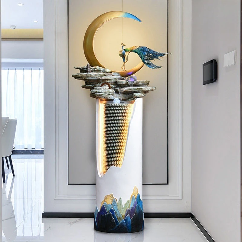 Peacock flowing water landscape floor-to-ceiling fountain ornament household entrance light luxury creative decoration
