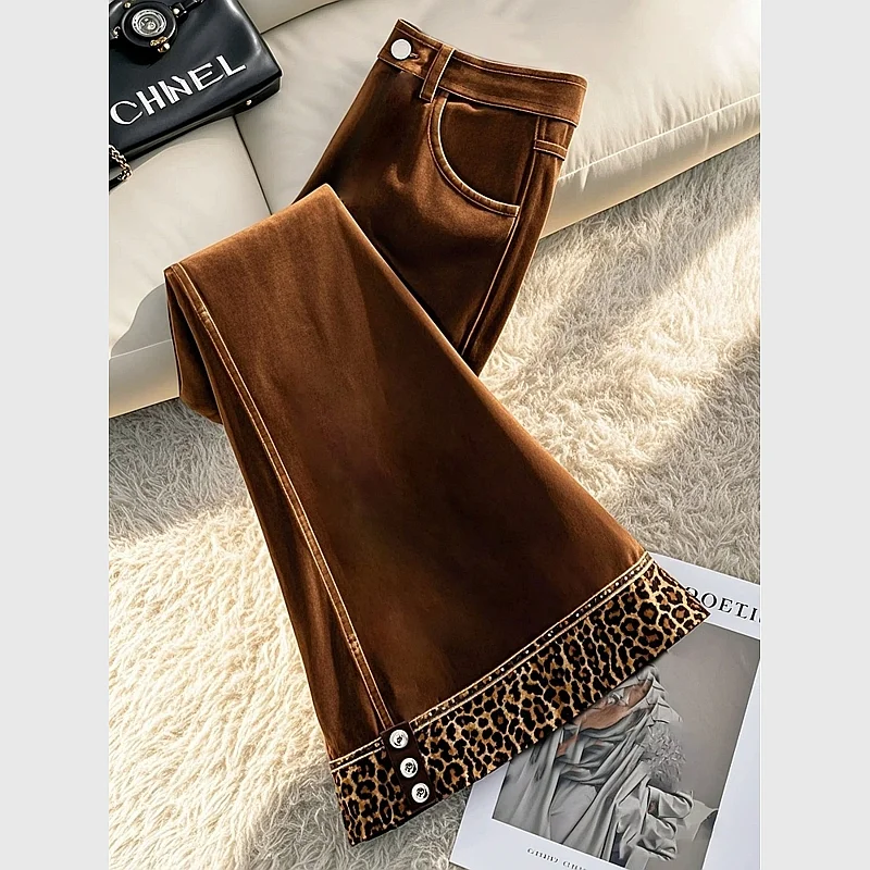 

black leopard print jeans for women in spring autumn, chubby pear shaped figure, loose slimming, high waist wide leg pants