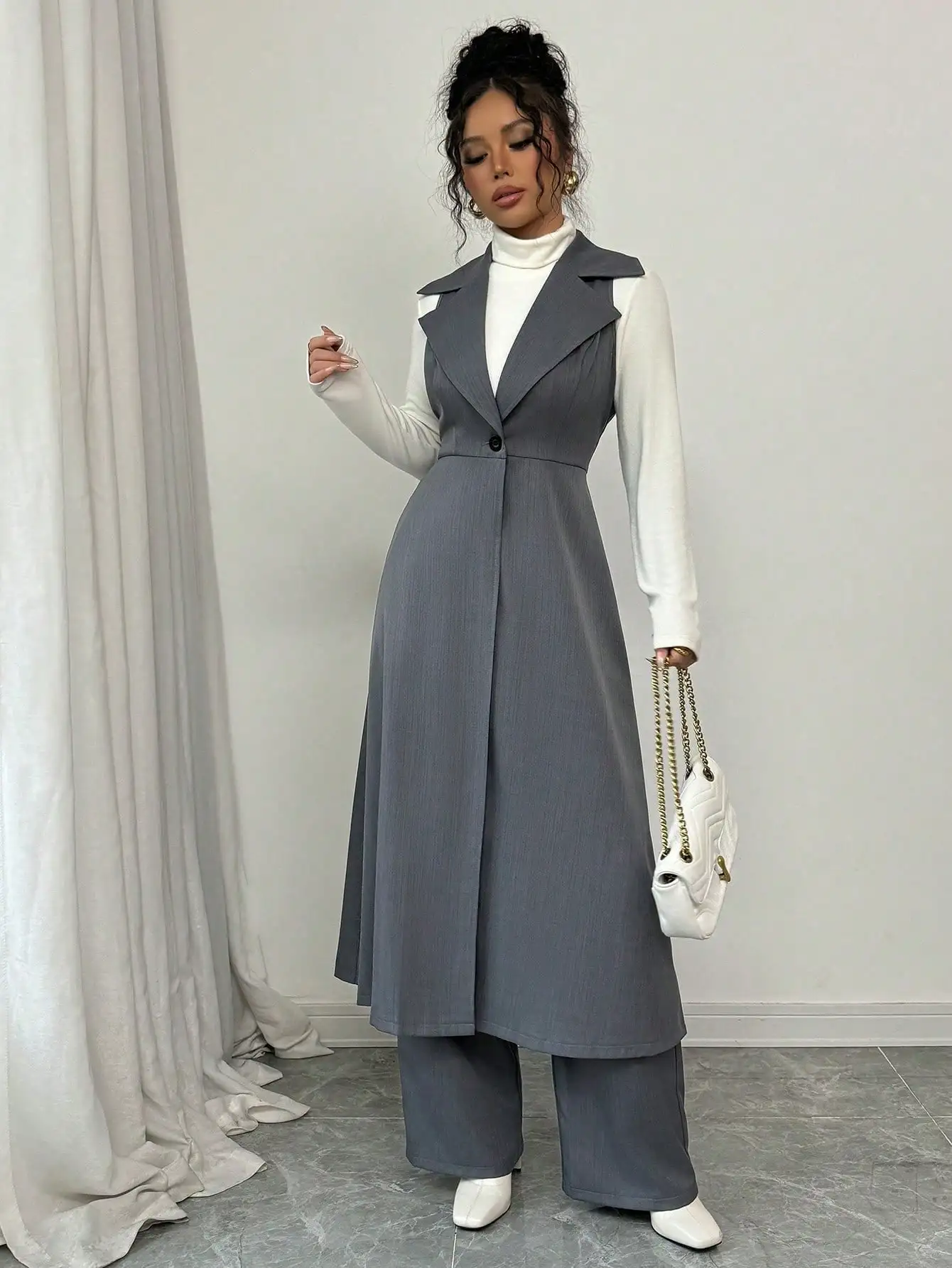 

Elegant Sleeveless Stand Collar Cinched Waist A-Line Long Cardigan And Wide Leg Pants Set