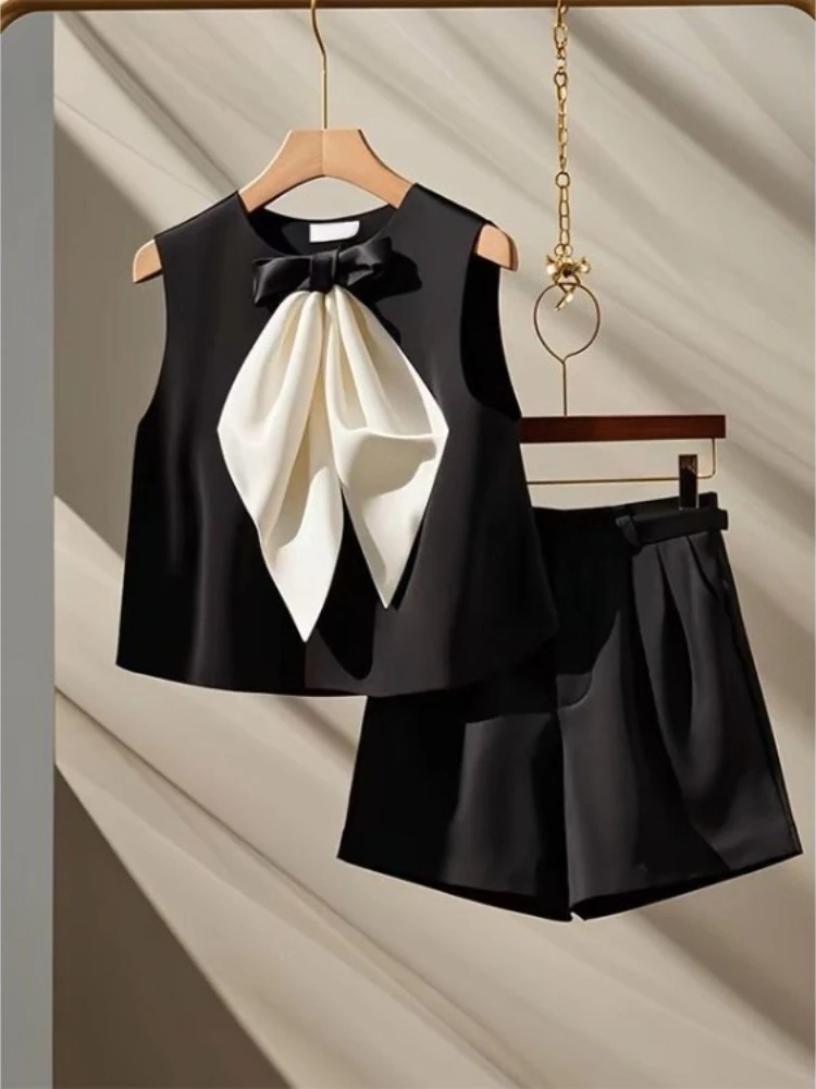 

Fashion Bow O-neck Sleeveless Loose Vest Top For Women+ Summer High Waist Loose Straight Wide Leg Shorts Two Piece Sets