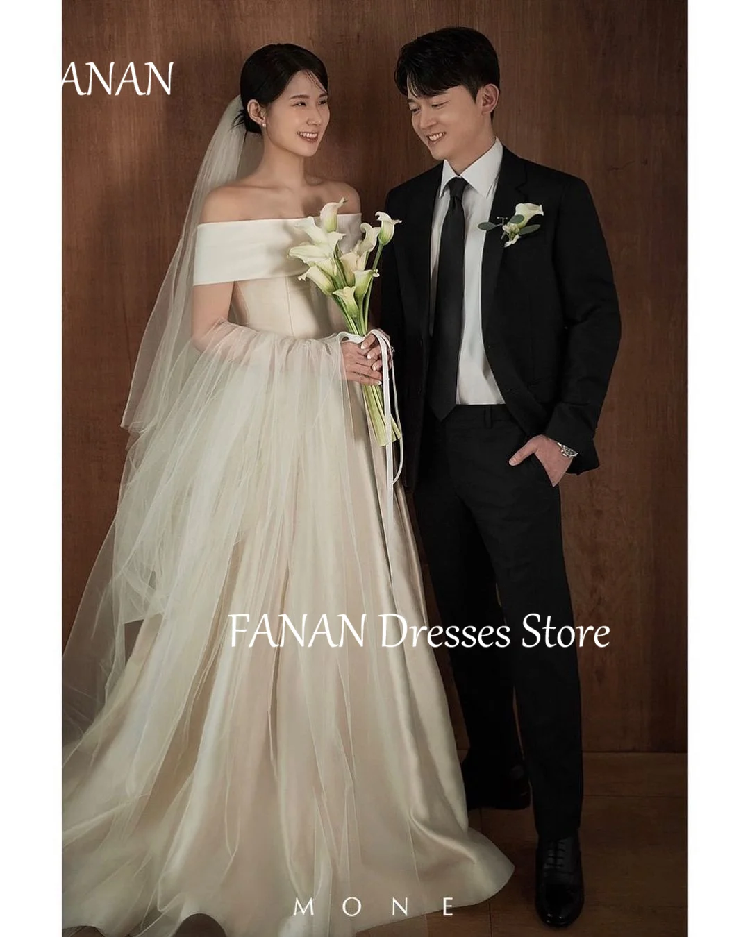 

FANAN Korea Elegant Ivory Off the Shoulder A-Line Wedding Dresses 웨딩드레스 Satin Corset Back Custom Made Bride Gowns Plus Size