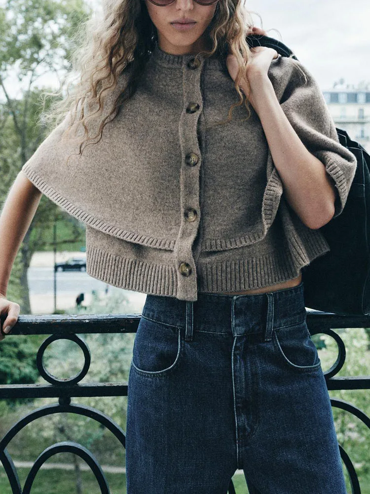 

New Autumn Women's Knitted Coat Single Button Cloak Design round Ne ort Sve Outerwear Premium Quali Ladies' Knitwear