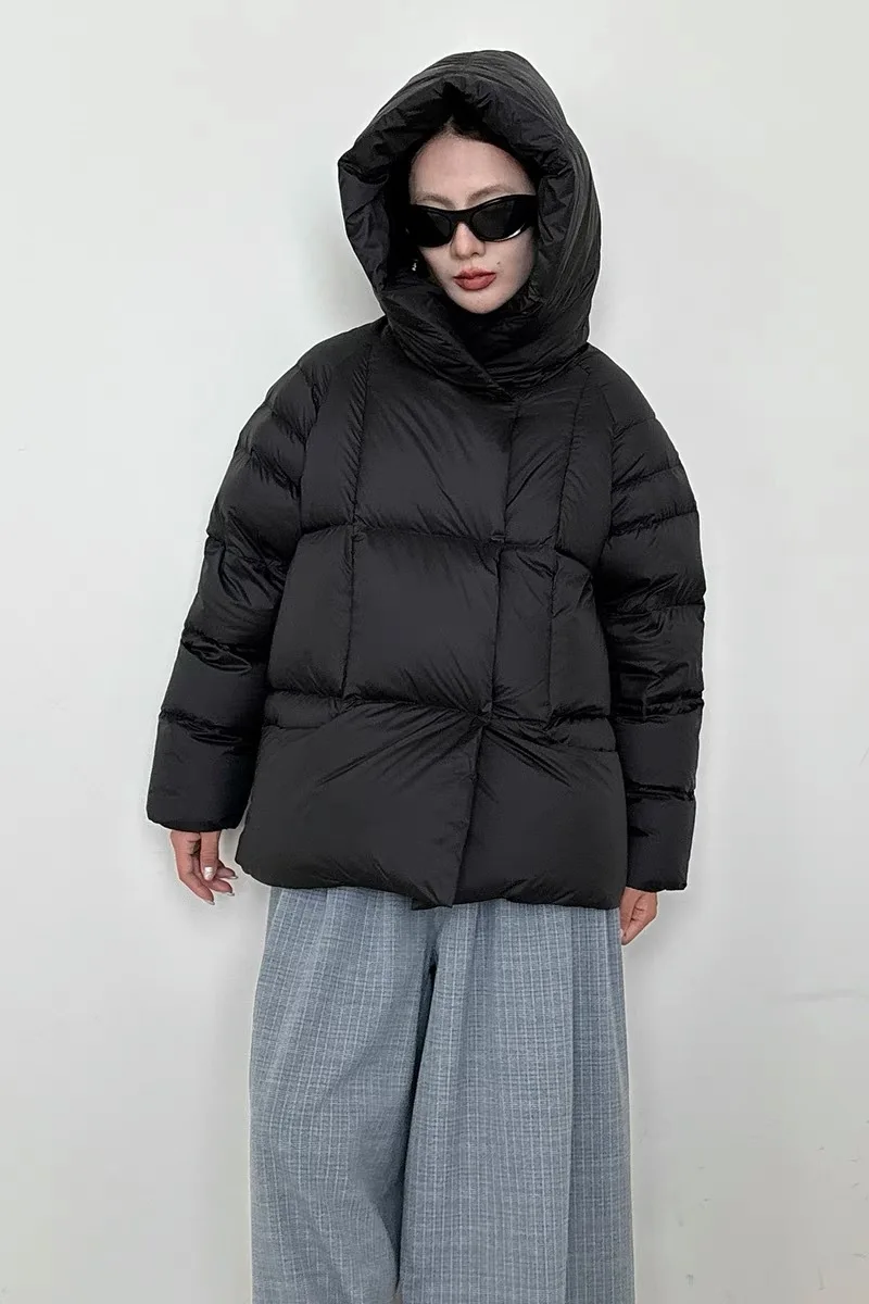 Chaqueta de plumón con capucha gruesa de invierno para mujer, prendas de vestir Parker de plumón de pato blanco cálido, Chaqueta de algodón acolchada con bolsillo sólido holgado para mujer