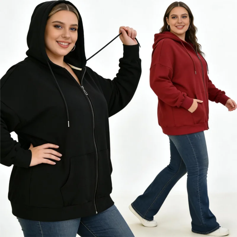 

Толстовка оверсайз для женщин, тонкая хлопковая куртка на молнии весом 40–150 кг, осенний кардиган больших размеров с длинными рукавами, пальто, повседневная свободная верхняя одежда
