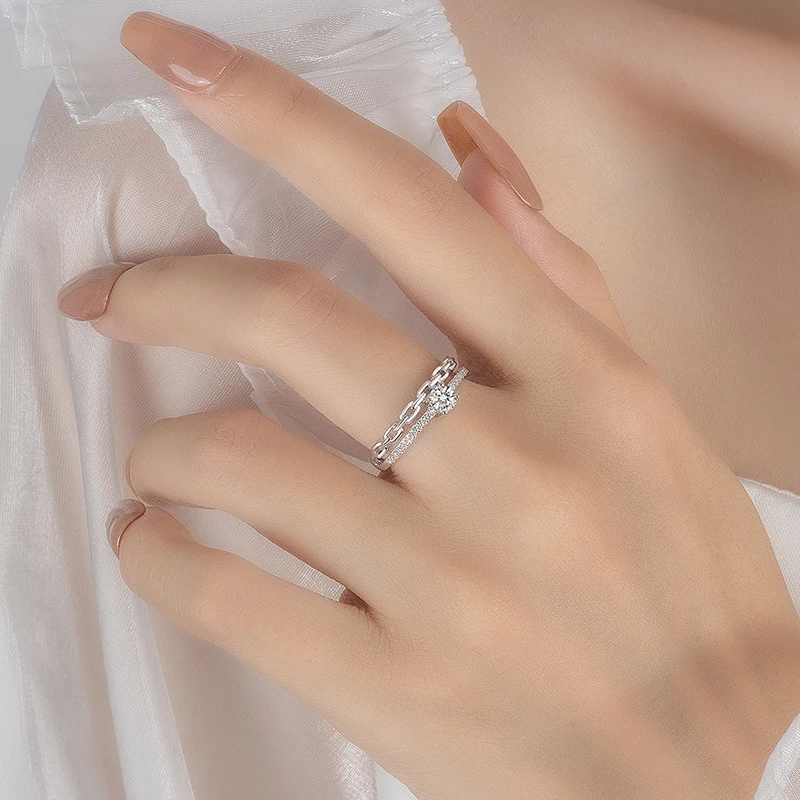 PERFANY 0.39CT All Moissanite Rings Women S925 Pure Silver Chain Double Layer Laboratory Diamond Luxury Party Jewelry
