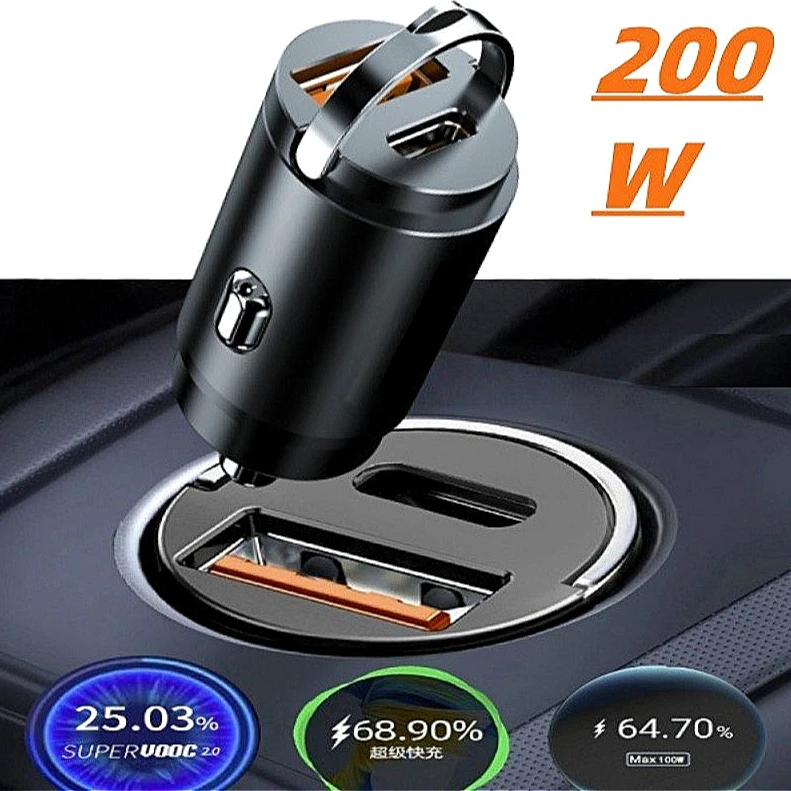 200W PD QC3.0 Mini Car Charger USB C Pull Ring Fast Charging Adapter for iPhone 15 Xiaomi Samsung Huawei PPS Support 12-24V