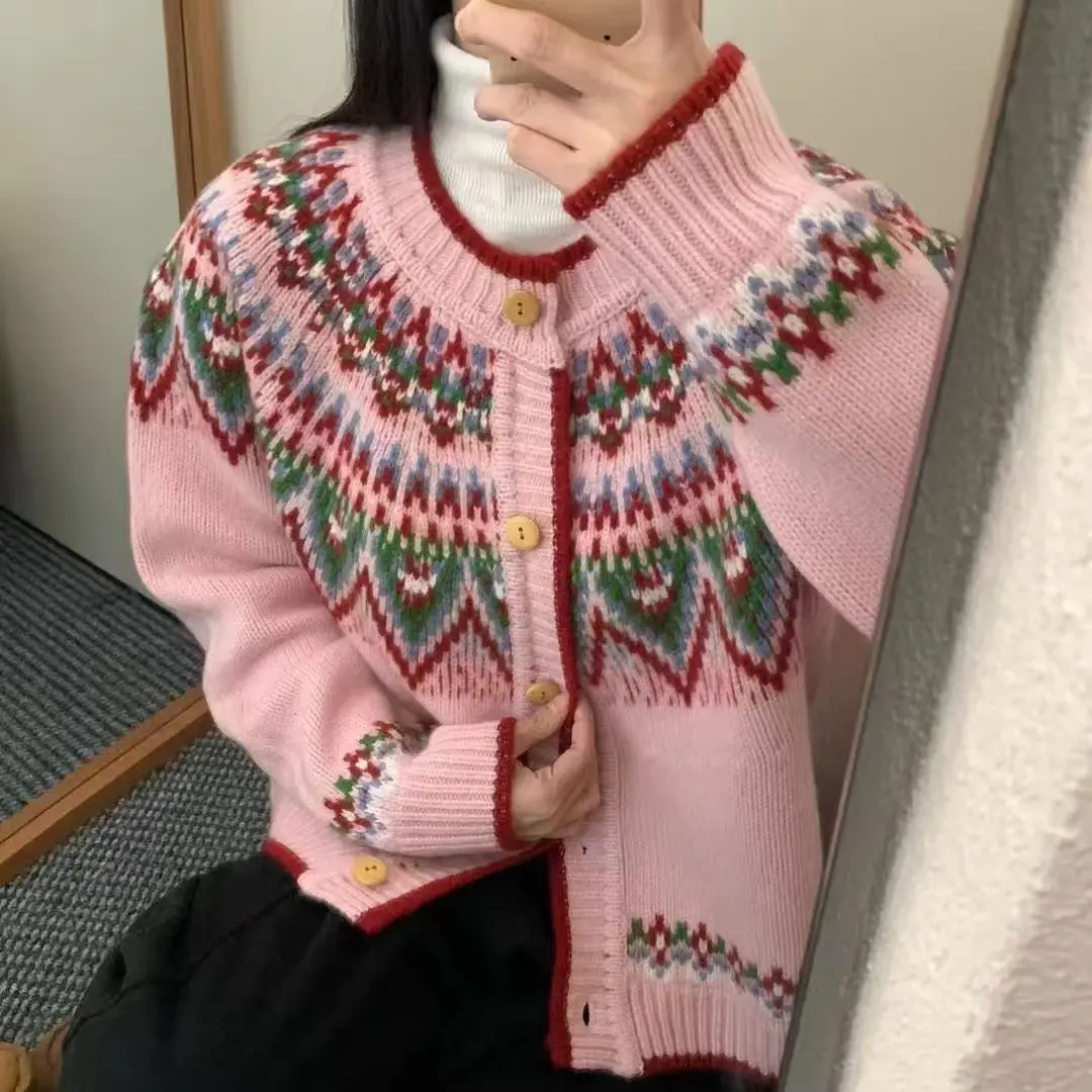 

Осень-зима 2022, жаккардовый вязаный свитер Fair Isle Design, женский кардиган, верхняя одежда с круглым вырезом, корейские повседневные топы с длинными рукавами