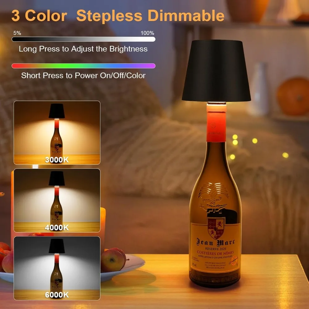 dusktec wireless wine bottle lampshade, 8 rgb light modes, light temperature 3000-6500k, rechargeable touch wine bottle lamp, po