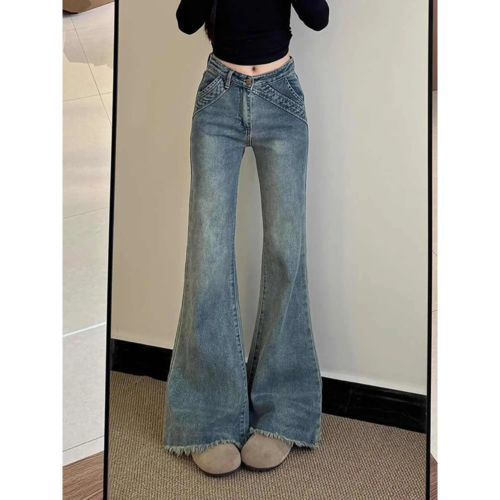 Retro Blue Fringed Flared Jeans for Women 2025 New Trendy High Waist Slim Denim Pants Korean Style Tassels Edge Trousers