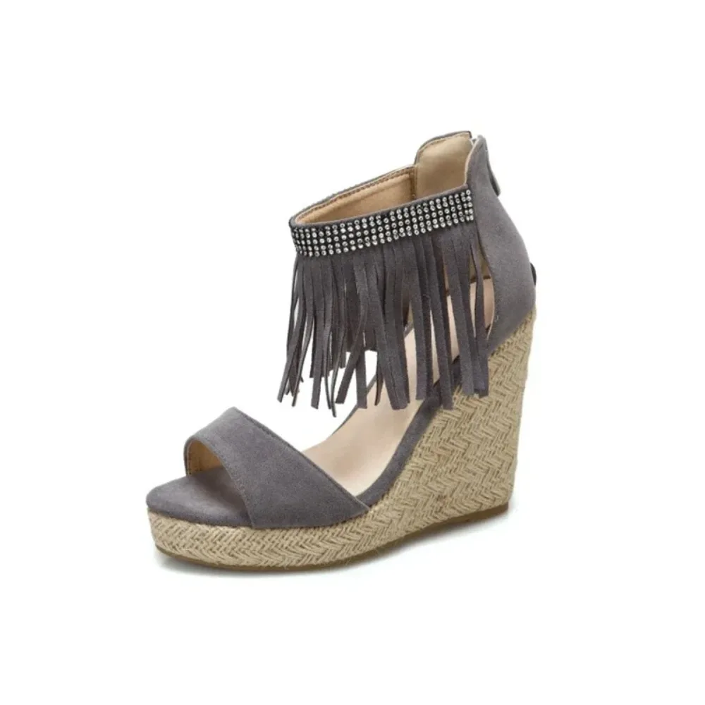 Women Sandals New Arrival Fashion Tassels Wedges High Heels Open Toe Back ZipperLadies Platform Shoes Plus Size 48 49 50 33-3