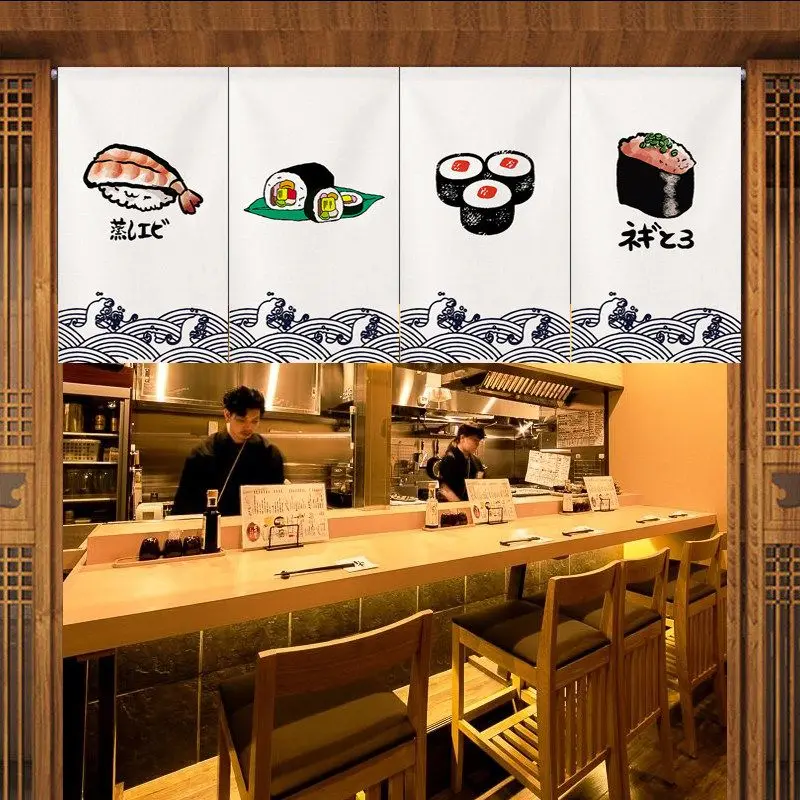 VIKAMA Sushi Themed Pennant Hanging Banner Japanese Kanji Seigaiha Wave Print Flag for Food Shop Bar Counter Decoration