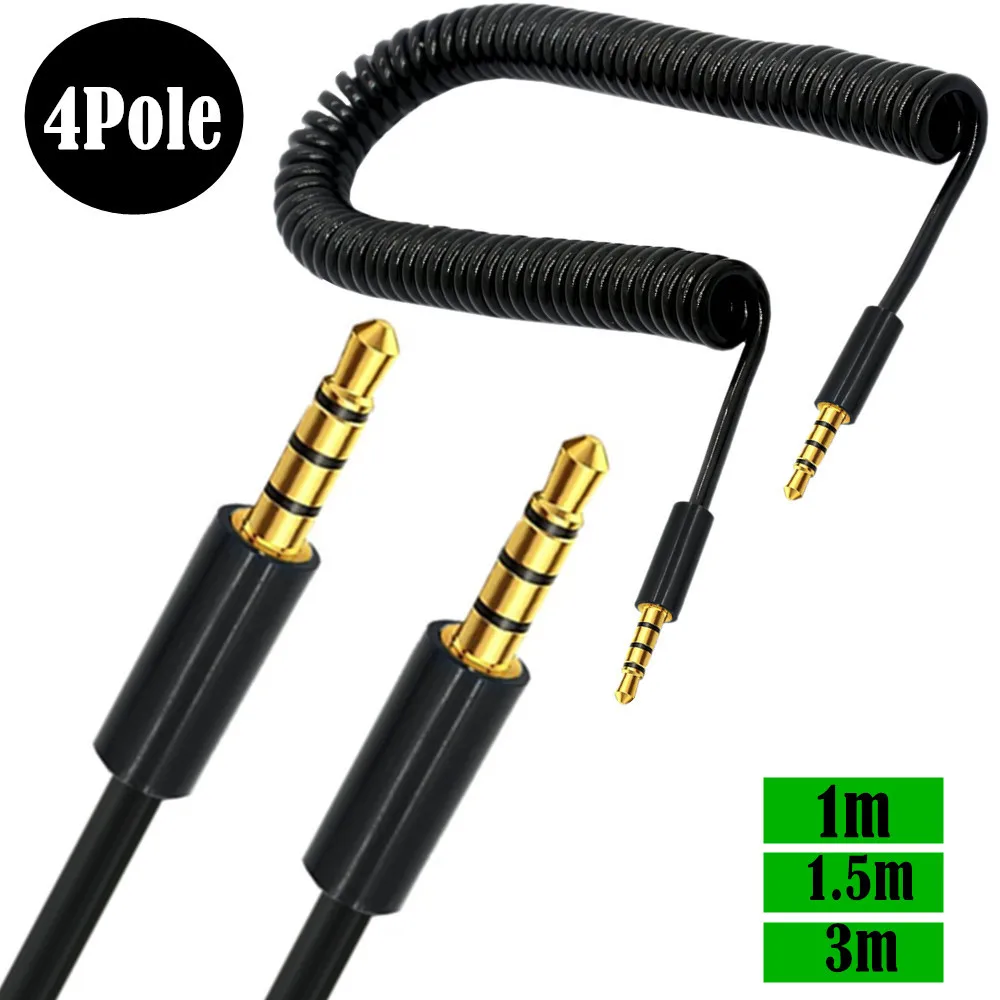 3.5mm Male To Male Jack 4 Pole  Plug Extension Aux Audio Coiled Spiral Cable  3ft/5ft/10ft