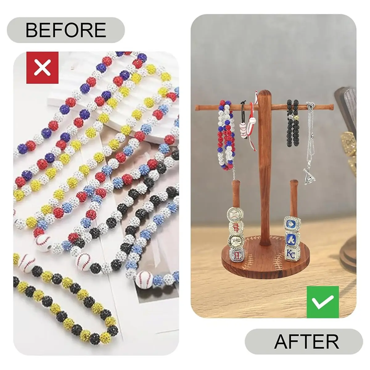 2026 New Wooden Baseball Necklace Organizer Holder,Baseball Ring Accessories,Wooden Softball Drip Ring Display Holder