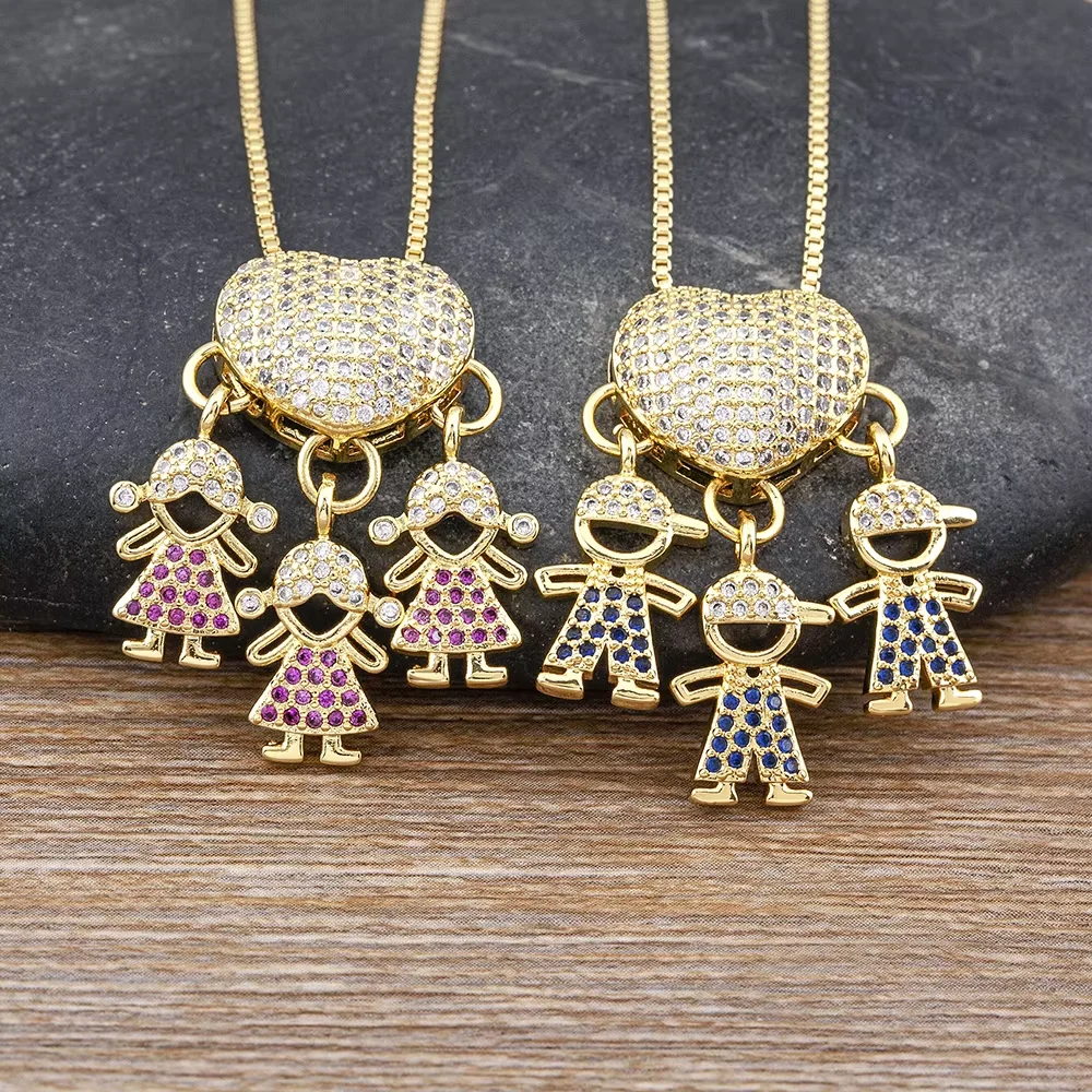 Boy And Girl Sweet Cartoon Pendant Son&Daughter Necklace Cubic Zircon Link Chain Women Fashion Jewelry Mother's Day Gifts