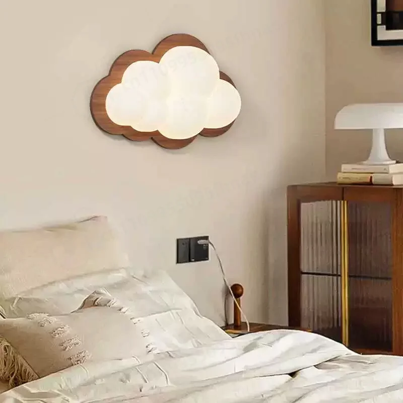 Solid Wood Cloud Wall Lamps LED Children's Room Bedside Light Minimalist Modern Warm Baby Room Boy Girl Bedroom Wall Lights