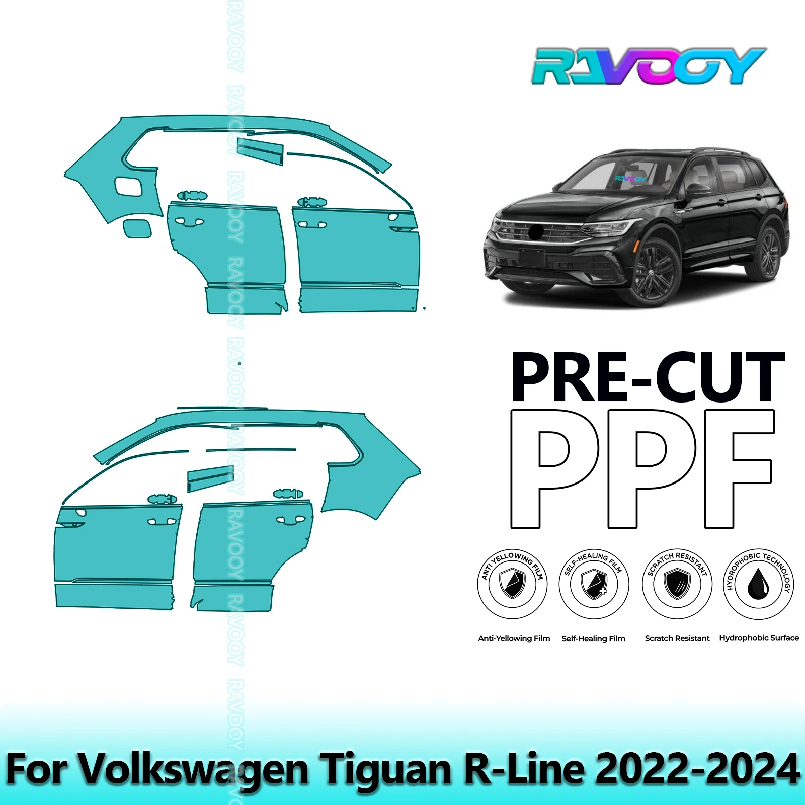 

For Volkswagen Tiguan R-Line 2022-2024 8.5mil Clear Matte Pre-Cut PPF Door & A/B Pillar Kit TPU Paint Protection Film Set