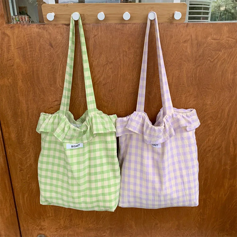 Summer Floral Plaid Ruffles Women Shoulder Bags Retro Flower Ladies Shopping Bag Handbags Commute Light Portable Girls Book Tote