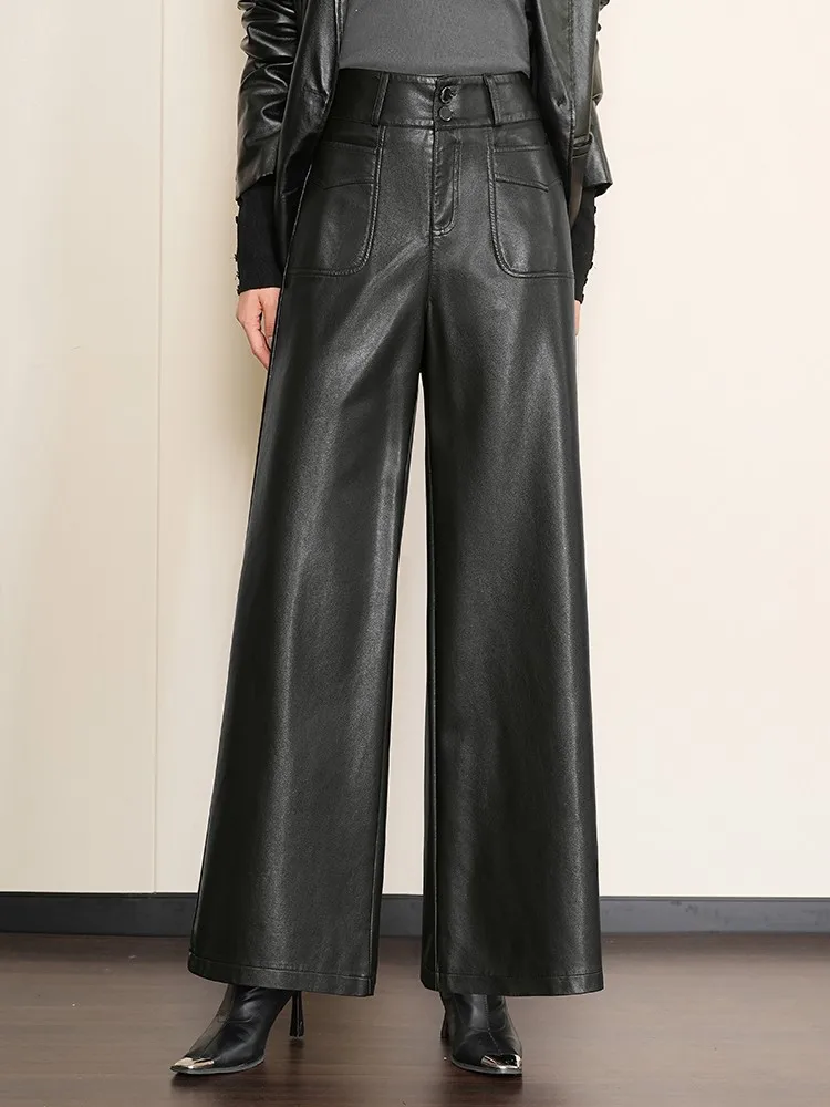 ZUZK High Quality Women PU Leather Wed Leg Long Pants  Autumn Winter Fashion Warm Long Leather Pants Elegant LeatherTrousers