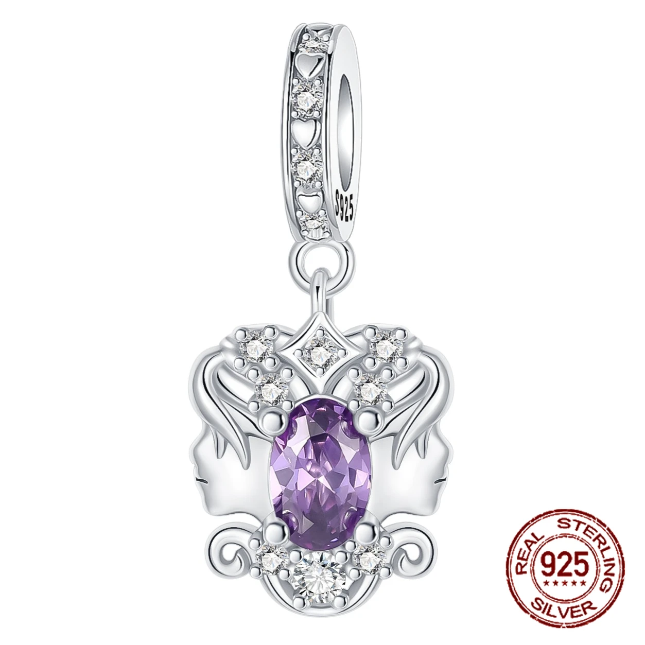 

925 Sterling Silver 12 Constellations Gemini Purple Zircon Pendant Charm Fit Original Charm Bracelets Women DIY Jewelry Gift