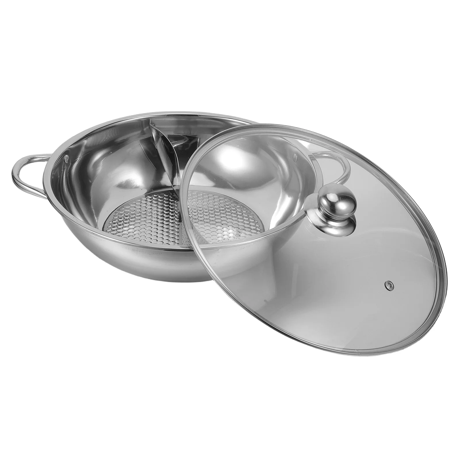 

12 Inch Stainless Steel Hot Pot Dual Sided Divided Cookware For Spicy Mild Broths Double Handles With Glass Lid -