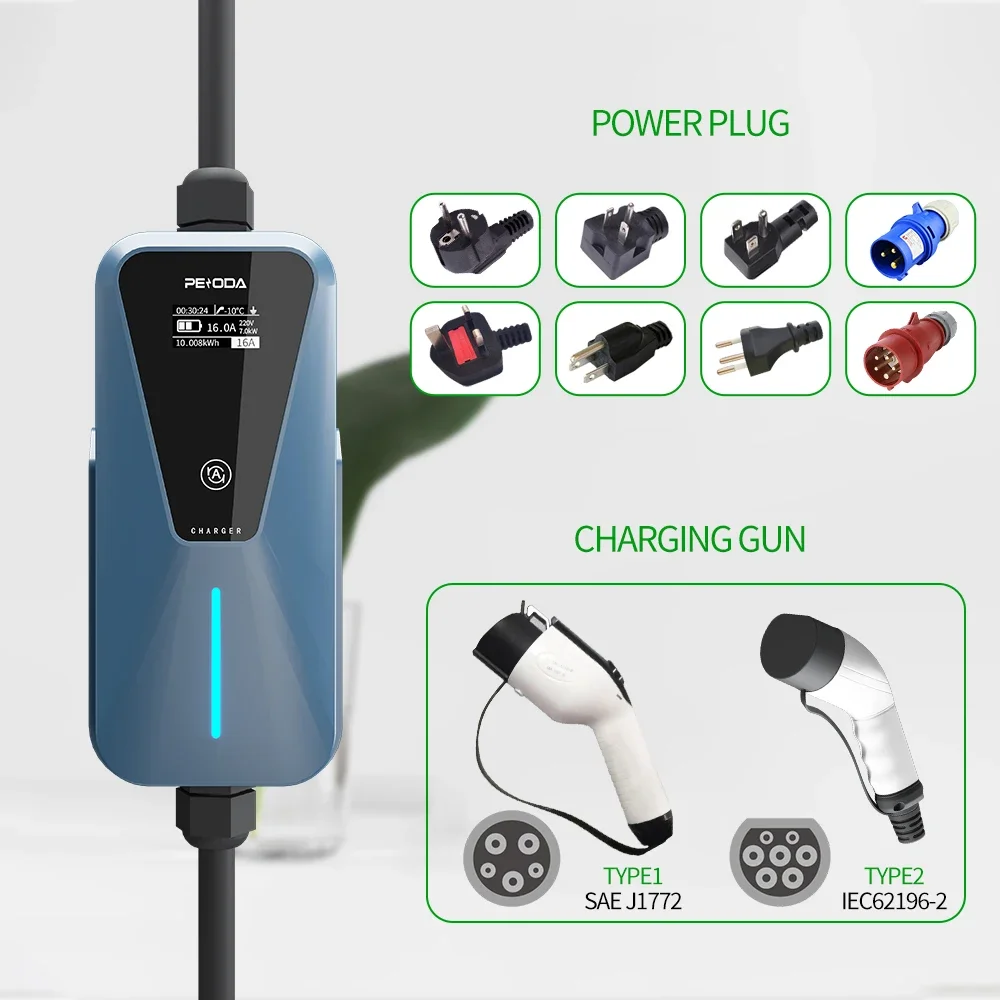 High Quality Portable 7KW 32A 230V Type2 Car EV Charger Single-Phase New Energy Vehicle Charging Pile With Adjustable Current