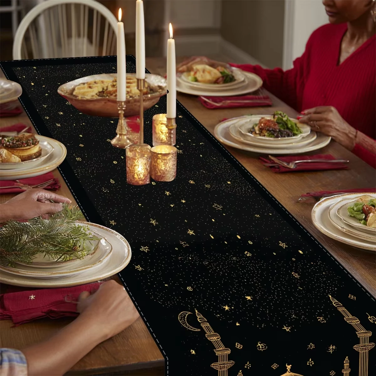 Linen Table Runner Ramadan New Year Star Sky Mosque Silhouette 2D Print Multi Size Festival Party Home Decor Gift