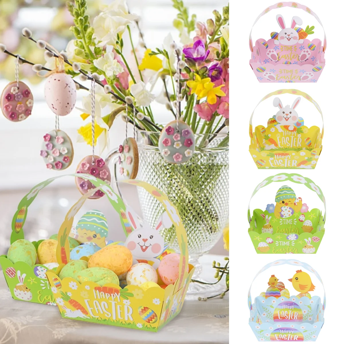 Easter Egg Basket with Handle Cute Bunny Hello Spring Flower Carrot Outdoor Picnic Decor Easter Party Home Ornament Storage Box