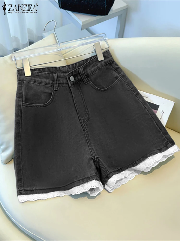 ZANZEA, pantalones cortos tipo mezclilla con ribete de encaje a la moda para mujer, pantalones cortos con cremallera de Color sólido, ropa informal diaria de verano 2025, pantalones para mujer