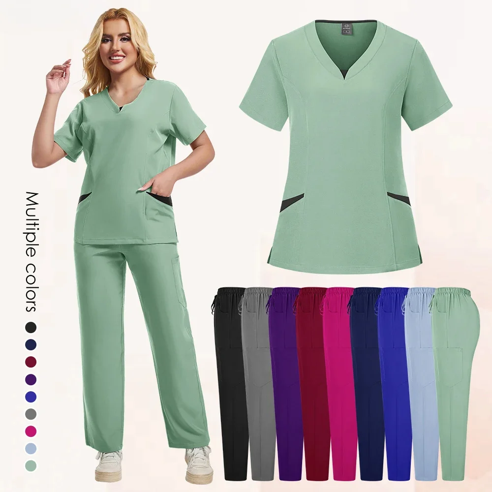 

Новый набор скрабов, униформа, эластичные топы-скрабы с карманами, униформа медсестры, комбинезон для врача, спецодежда для салона красоты