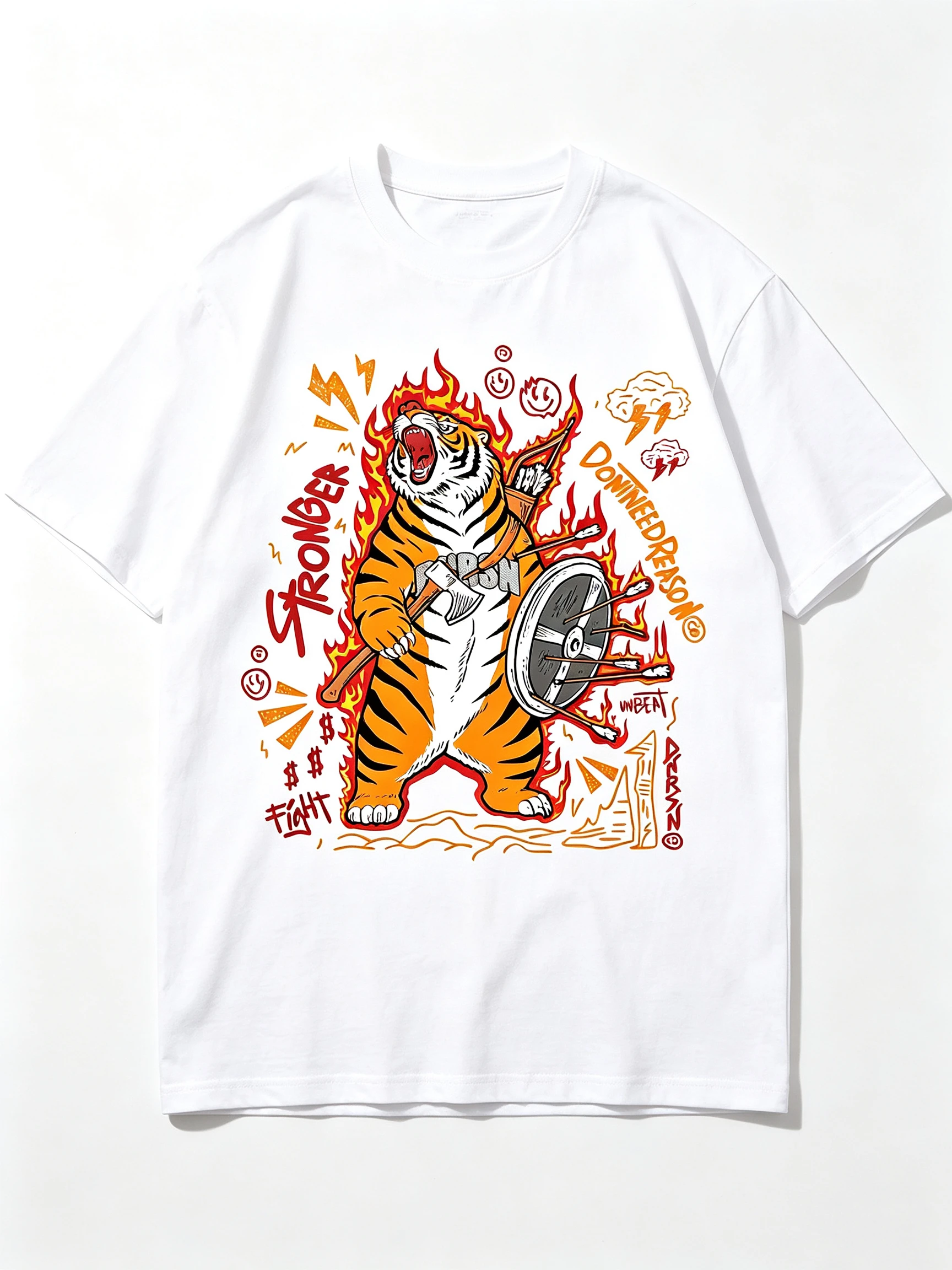 Unisex Warrior Tiger Axe Shield Fire Graffiti Graphic T Shirt Men Women Stronger Fight Vintage Animal Print Oversized Crew Neck Short Sleeve Casual Streetwear Cotton Top