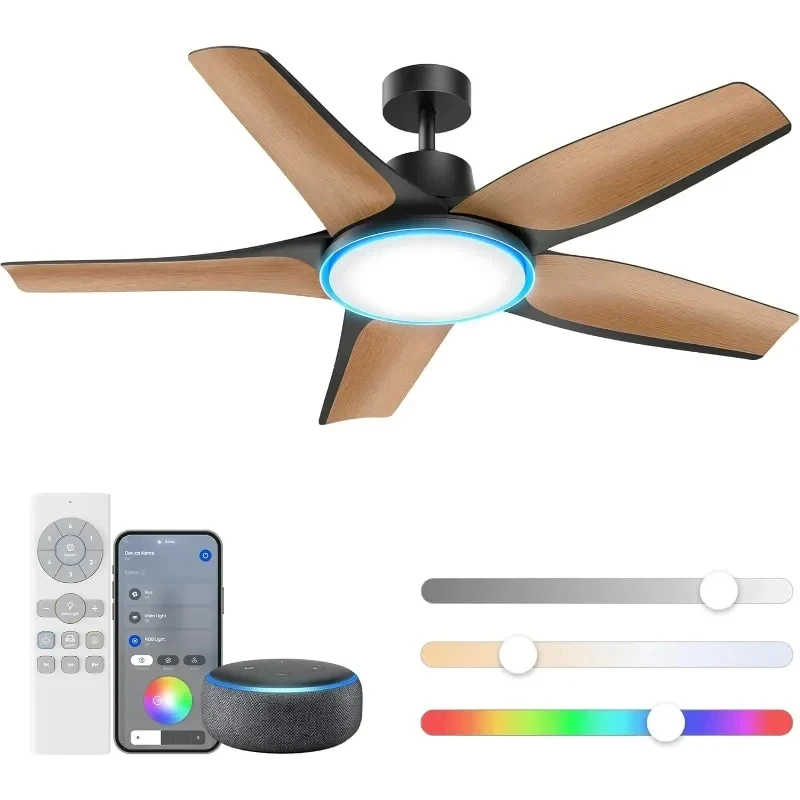 Smart ventiladores de teto com luzes, perfil baixo, iluminação regulável, ajuste de cores, RGB luz ambiente para sala de estar