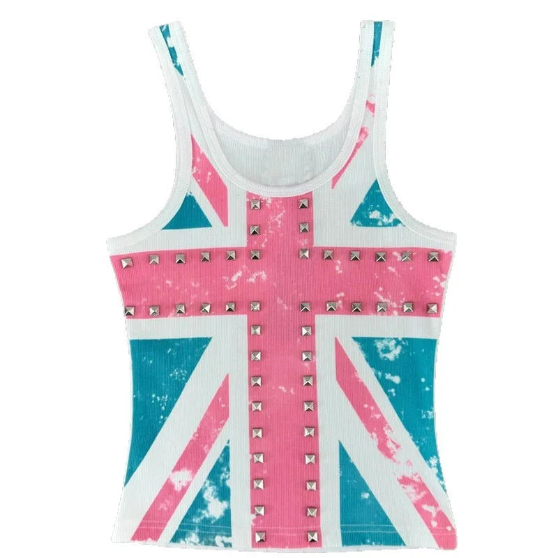 Punk Studded Union Jack Tank Top,Y2K Aesthetic Pink Blue British Flag Sleeveless Top,Retro Slim Fit Ribbed Cami