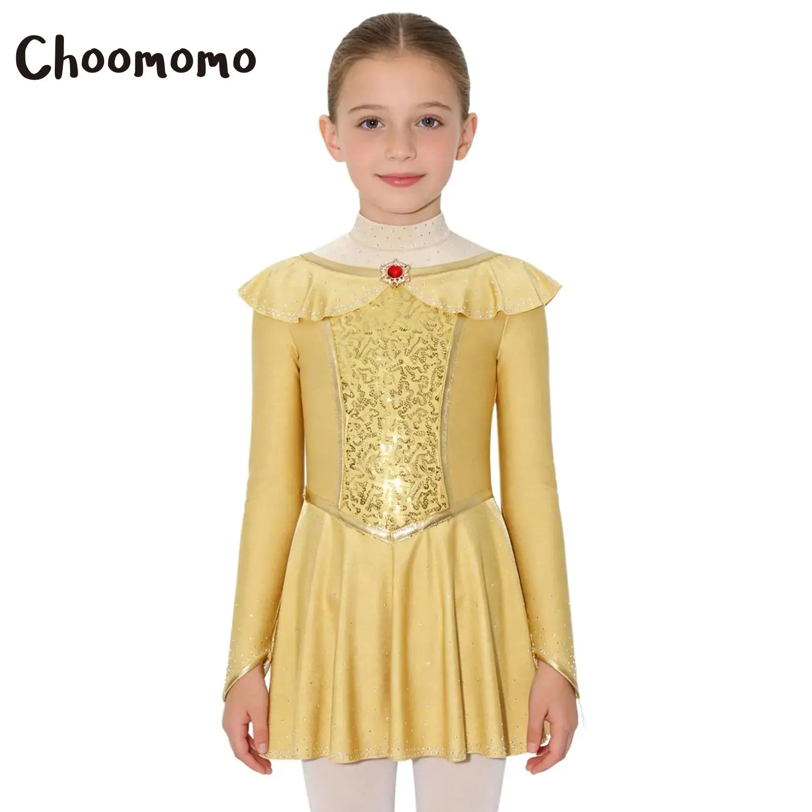 

Girls Arabian Princess Costume Dresses Mock Neck Long Sleeve Rhinestone Sequins Leotard Dress Halloween Indian Dance Performance