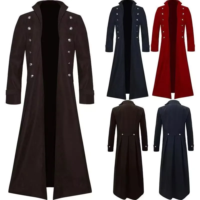 

Gothic Trench Medieval Steampunk Retro Style Long Jackets Double-breasted Solid Men's Vintage Long Jackets