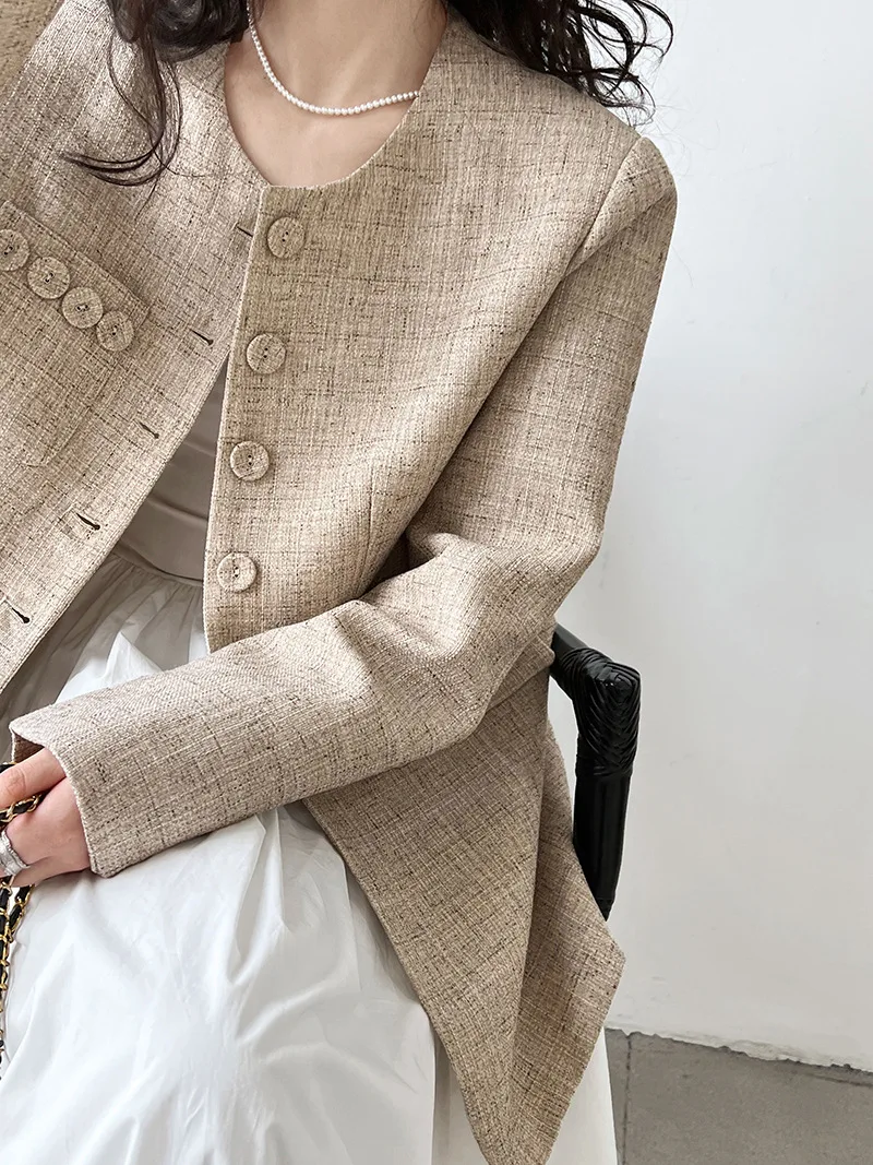 

Women Elegant Beige Blazer Jacket Autumn Ladies Work Wear Dressy Coats Long Sleeve Fashion Tops Outwear for Women