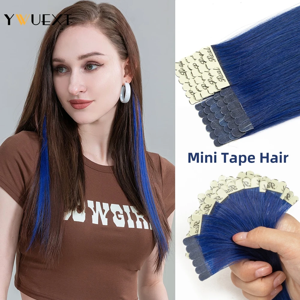 YWUEXT-Mini fita adesiva sem costura azul em extensões de cabelo humano, Micro fita, cores extravagantes, 12 ", 16", 20 ", 24", 10pcs por pacote