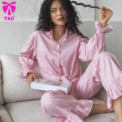 TXii Autumn 2024 Pink Plaid Retro Fashion Pajamas Ruffled Long Sleeve Cardigan Trousers Two-Piece Home Clothes for Women
