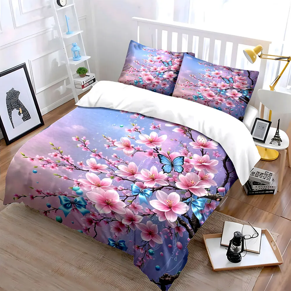 Pink cherry blossoms with butterfly Duvet Cover Set with 3D Printing Design Soft Polyester Bedding Set All-Season Comfort