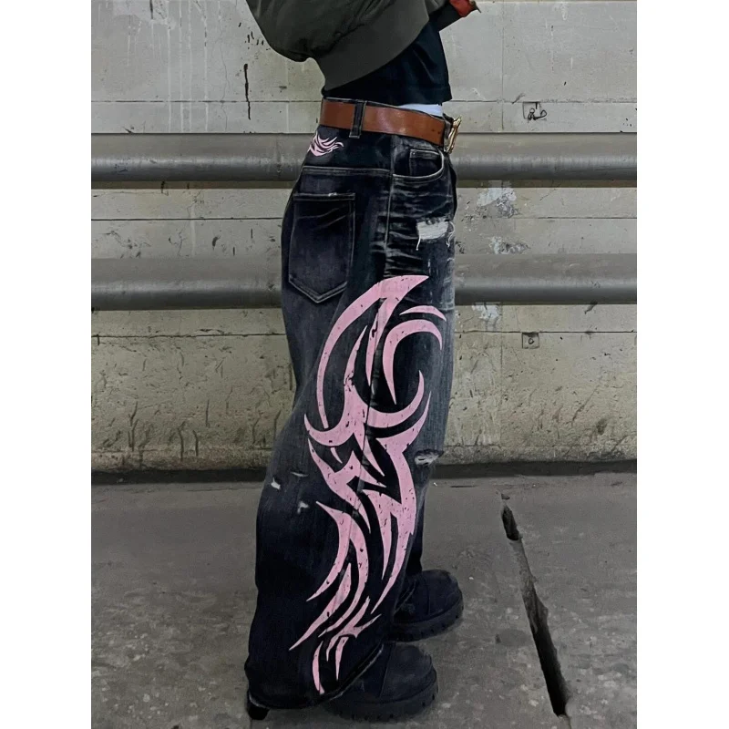 

Cross-border trendy brand printed American retro pattern washed denim wide-leg pants