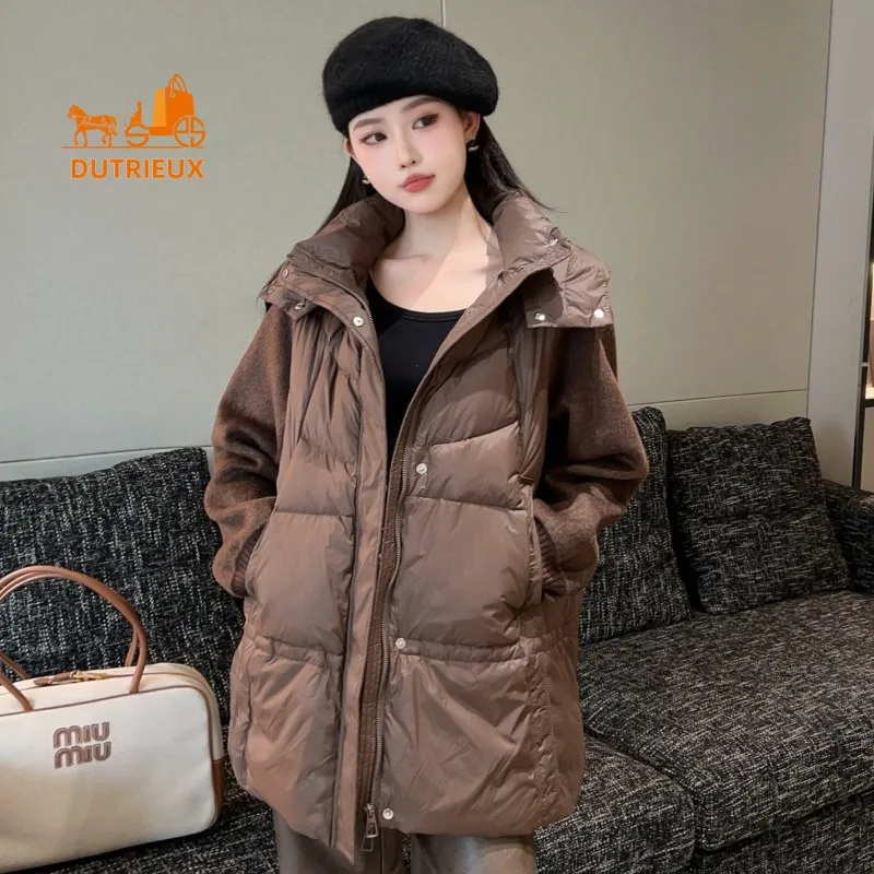 2024 Winter New Coat for Women, Simple and Elegant Splicing Cashmere Hooded Mid-length Down Jacket Top, Loose Version for Warmth