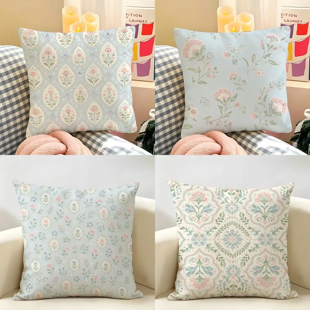Floral Pink Blue Green Cushion Cover Natural Linen Organic Fabric Double-Sided Printing Breathable Perfect For Home Decor