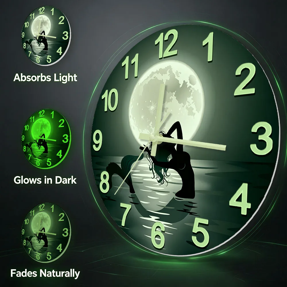 Mermaid Full Moon Wall Clock Glow in Dark For Girls Bedroom Moonlight Sea Fantasy Ocean Art Home Decor Night Visible Wall Clock