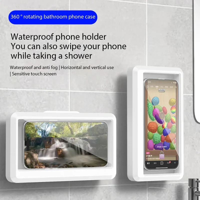 Bathroom Waterproof Phone Holder Home Wall Phone Cover Stand Box Self-adhesive Touch Screen Bracket Anti-fog Mobile Phone Case