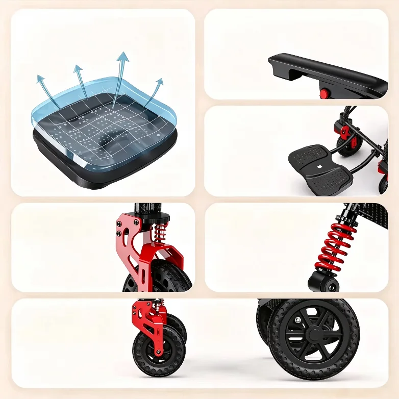 Folding Travel Wheelchair, Lightweight Portable Rehabilitation Chair with Shock-Absorbing Four Wheels for Elderly
